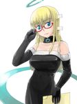  adjusting_eyewear bare_shoulders blonde_hair blue_eyes dress elbow_gloves gao_(pixiv9141) glasses gloves halo latex latex_dress latex_gloves long_hair os-tan solo spirit_(vista) strapless strapless_dress tube_dress vista-tan 