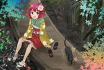  barefoot cat dock flower hair_flower hair_ornament hieda_no_akyuu japanese_clothes koi kuma_(crimsonvanilla) shoes_removed sitting soaking_feet solo touhou water 