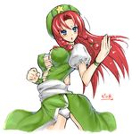  alternate_costume bad_anatomy beckoning blue_eyes braid breasts center_opening cleavage covered_nipples fighting_stance hat hong_meiling large_breasts long_hair panties pantyshot piromizu red_hair solo touhou twin_braids underwear 