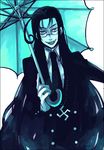  ahoge bad_id bad_pixiv_id black_hair fangs formal freckles glasses gloves hellsing long_hair rip_van_winkle smile solo sudachips suit swastika umbrella vampire very_long_hair 