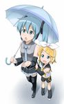  bad_id bad_pixiv_id blonde_hair blue_eyes blue_hair detached_sleeves hair_ornament hairclip hatsune_miku highres holding holding_umbrella kagamine_rin long_hair multiple_girls necktie shared_umbrella short_hair thighhighs twintails umbrella vocaloid youkan 