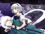  490 black_hairband blue_eyes hairband hitodama konpaku_youmu konpaku_youmu_(ghost) petals serious solo sword touhou weapon white_hair 