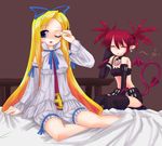  bed disgaea etna flonne kt2 makai_senki_disgaea multiple_girls one_eye_closed thighhighs white_bloomers 