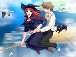  1girl amanogawa_subaru blue_eyes breasts broom broom_riding game_cg large_breasts majodou red_hair sano_toshihide witch 