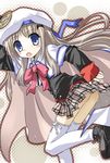  blue_eyes bow buttons cape fang hat large_buttons little_busters! long_hair noumi_kudryavka open_mouth pink_bow plaid plaid_skirt school_uniform silver_hair skirt solo thighhighs yuugiri 