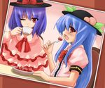  blue_hair food fruit hinanawi_tenshi long_hair multiple_girls nagae_iku negija purple_hair short_hair strawberry touhou 