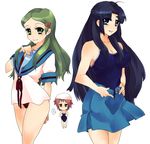  asakura_ryouko blue_eyes blue_hair breast_envy green_eyes green_hair kimidori_emiri kita_high_school_uniform long_hair multiple_girls nagato_yuki one-piece_swimsuit school_uniform short_hair suzumiya_haruhi_no_yuuutsu swim_cap swimsuit tashimo undressing 