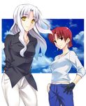  azu bazett_fraga_mcremitz black_gloves caren_hortensia casual collarbone fate/hollow_ataraxia fate/stay_night fate_(series) gloves hand_on_hip long_sleeves looking_at_viewer multiple_girls pants red_hair shirt short_hair standing t-shirt yellow_eyes 