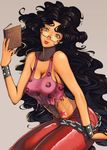  :p bespectacled black_hair book bracelet breasts capcom_fighting_jam chain cleavage genderswap genderswap_(mtf) glasses hugo_andore jewelry large_breasts leather long_hair midnight_bliss midriff nekkeau no_bra solo star street_fighter tongue tongue_out torn_clothes wavy_hair 