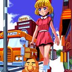  blonde_hair blue_eyes bus child doseisan dress hotel mother mother_(game) mother_2 motor_vehicle mr_saturn nintendo paula_polestar sidewalk vehicle walking 