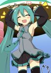  armpits blue_hair blush caramelldansen closed_eyes detached_sleeves finespun_imitation_contest happy hatsune_miku ixy long_hair necktie skirt solo thighhighs twintails vocaloid zettai_ryouiki 