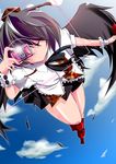  aoro bangs black_hair black_wings camera flying geta hat shameimaru_aya short_hair skirt solo tengu-geta touhou wings 