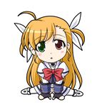  blonde_hair blush green_eyes hair_ribbon heterochromia long_hair lowres lyrical_nanoha mahou_shoujo_lyrical_nanoha_strikers narutaki_shin red_eyes ribbon solo vivio 