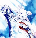  aquarian_age armor blue_eyes blue_hair cape highres long_hair solo sumi_keiichi unicorn 