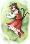  animal_ears cat_ears cat_tail chen china_dress chinese_clothes dress earrings hat jewelry lying nekomushi ribbon solo surprised tail touhou 