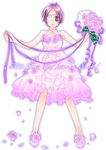  :o bare_shoulders bouquet bride chrome_dokuro dress eyepatch flower full_body katekyo_hitman_reborn! messy_hair petals purple_eyes purple_hair ribbon rose shoes short_hair simple_background solo standing toriniku_(suikyou) watermark wedding_dress 