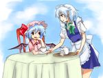  bat_wings blue_dress blue_eyes collar dress holding izayoi_sakuya maid maid_headdress miya_(tsumazukanai) multiple_girls pink_dress puffy_short_sleeves puffy_sleeves red_eyes remilia_scarlet saucer short_hair short_sleeves silver_hair tareme tea teapot touhou tray waistcoat wings 