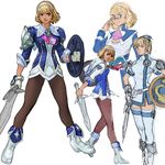  alternate_costume bespectacled blonde_hair blue_eyes boots cassandra_alexandra concept_art dress glasses hairband kawano_takuji necktie pantyhose pink_neckwear shield short_dress short_hair soulcalibur soulcalibur_iii sword thighhighs weapon zettai_ryouiki 