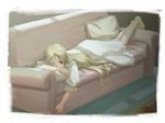  artist_request barefoot blonde_hair child copyright_request couch head_rest long_hair lying nightgown one_eye_closed pillow red_eyes solo underwear 