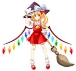  alternate_headwear bad_id bad_pixiv_id black_hat blonde_hair bobby_socks borrowed_garments bow broom closed_mouth fang fang_out flandre_scarlet full_body hair_bow hand_on_headwear hand_on_hip hat hat_bow headwear_switch legs_apart mary_janes miya_(tsumazukanai) one_side_up orange_eyes red_bow red_skirt red_vest shoes short_hair simple_background skirt skirt_set smile socks solo standing touhou vest white_background white_bow white_legwear wings witch_hat wrist_cuffs 