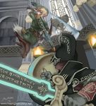  armor artist_request battle blonde_hair bow_(weapon) duel helmet holding holding_sword holding_weapon indoors jumping left-handed link male_focus master_sword motion_blur multiple_boys ornate pointy_ears runes scabbard sheath shield sword the_legend_of_zelda unsheathed weapon 