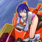  arcade armor blue_eyes blue_hair burning_force game_console ground_vehicle hover_bike leotard lowres makun_(makunr) motor_vehicle motorcycle namco_x_capcom pink_leotard playstation_2 science_fiction solo space_craft tengenji_hiromi 
