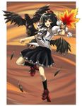  bangs bird black_hair black_wings crow fang flying geta graphite_(medium) hat highres looking_at_viewer mixed_media open_mouth shameimaru_aya shirt short_hair skirt smile solo tengu-geta tetsu_(kimuchi) tokin_hat touhou traditional_media wings 