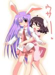  alfred animal_ears black_hair breast_grab breasts bunny_ears grabbing highres hug inaba_tewi long_hair medium_breasts multiple_girls purple_hair reisen_udongein_inaba short_hair touhou 