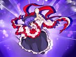  aoi_mitsuru from_above hand_on_hip hat nagae_iku pointing purple_hair ribbon saturday_night_fever short_hair solo touhou 