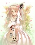  bad_id bad_pixiv_id blonde_hair blush dress elbow_gloves electric_guitar flower gloves green_eyes guitar instrument long_hair original petals rose solo tears terumii wedding_dress white_flower white_rose 