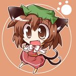  animal_ears brown_eyes brown_hair cat_ears cat_tail chen chibi earrings fang jewelry lowres multiple_tails shirogane_(platinum) short_hair solo tail touhou 