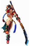  boots breasts brown_hair fighting_stance glaive highres kawano_takuji large_breasts long_hair midriff navel official_art pelvic_curtain polearm ponytail seong_mi-na soulcalibur underboob vambraces weapon 