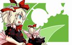  :d blonde_hair border bow bowtie fairy fairy_wings flower flying from_side green_background hair_bow hairband iyau medicine_melancholy open_mouth profile puffy_short_sleeves puffy_sleeves red_bow red_neckwear ribbon short_hair short_sleeves sideways_mouth silhouette simple_background size_difference smile solo su-san touhou wings 