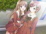  blue_eyes blush braid brown_hair cousins game_cg glasses hair_ornament hairband hairclip kitajima_kaede kitajima_sara long_hair multiple_girls peko purple_eyes school_uniform sono_hanabira_ni_kuchizuke_wo 