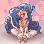  animal_ears big_hair blue_eyes blue_hair blush bug butterfly cat_ears cat_tail felicia insect long_hair navel sankuma sitting slit_pupils solo tail vampire_(game) very_long_hair 