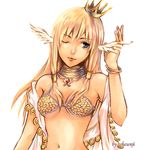  blonde_hair blue_eyes bracelet cheunji coin_(ornament) crown dancer dancer_(ragnarok_online) hat head_wings jewelry midriff neck_ring one_eye_closed ragnarok_online solo twintails wings 