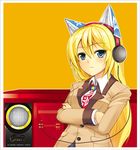  amplifier animal_ears bad_id bad_pixiv_id blonde_hair blue_eyes cable char copyright_request crossed_arms face headphones long_hair necktie solo 