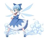 blue_dress blue_hair bow cirno dress fighting_stance full_body hair_bow legs_apart mary_janes n_(ruff) serious shoes short_hair simple_background smoke solo standing touhou wings 