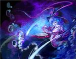  air_bubble black_hat black_skirt bow bowtie bubble capelet cis_(carcharias) closed_eyes hat hat_bow nagae_iku outdoors purple_hair red_bow red_neckwear short_hair skirt solo submerged touhou underwater water 
