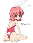  animal_ears ass bare_legs barefoot bunny_ears bunnysuit feet leotard looking_back oekaki onija_tarou original pink_hair purple_eyes red_leotard short_hair sitting smile solo tail thong_leotard wariza 