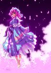  bad_id bad_pixiv_id barefoot cherry_blossoms floating green_eyes hat japanese_clothes kimono mizuki_riko petals pink_hair ribbon saigyouji_yuyuko short_hair smile solo touhou 