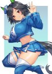  1girl animal_ears black_hair blue_background blue_boots blue_hat blue_jacket blue_skirt blush boots border breasts colored_inner_animal_ears commentary_request commission cropped_jacket dixie_cup_hat ear_ornament ears_through_headwear gauze gauze_on_cheek hat highres horse_ears horse_girl horse_tail jacket large_breasts long_sleeves looking_at_viewer midriff military_hat mini_hat miniskirt navel pacific_racing_team pleated_skirt plump race_queen red_eyes short_hair skeb_commission skirt smile solo swept_bangs tail thick_thighs thigh_boots thighs umamusume w white_border winning_ticket_(umamusume) yuutopia 