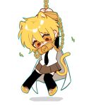  absurdres animal_ears black_necktie black_thighhighs blonde_hair blue_outline brown_skirt cat_ears cat_tail chain chibi cloak commentary_request cuffs don_quixote_(project_moon) full_body hanging highres index_(identity)_(project_moon) korean_commentary limbus_company looking_down miniskirt necktie orange_eyes outline pleated_skirt pmchell_04 project_moon shirt shoes short_hair skirt tail thighhighs white_background white_cloak white_shirt yellow_shoes 