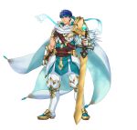 1boy absurdres armor blue_eyes blue_hair blue_headband blue_tunic cape closed_mouth commentary_request feathers fingerless_gloves fire_emblem fire_emblem:_radiant_dawn fire_emblem_heroes gloves headband highres holding holding_sword holding_weapon ike_(fire_emblem) ike_(vanguard_legend)_(resplendent)_(fire_emblem) kuroba.k looking_at_viewer male_focus muscular muscular_male official_alternate_costume official_art pants popped_collar ragnell scarf second-party_source short_hair simple_background solo sword tunic weapon white_cape white_gloves white_pants white_scarf 