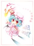  :3 aqua_hair arm_up ascot bat_wings blush brooch chibi fang fangs fire flame frame hat hat_ribbon highres jewelry maryquant open_mouth pink_legwear pointing pointing_up puffy_sleeves red_eyes remilia_scarlet ribbon shirt short_hair skirt skirt_set smile solo star touhou wings 