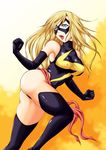  akutanoe black_legwear blonde_hair blue_eyes boots breasts carol_danvers covered_nipples elbow_gloves gloves highres leotard lipstick long_hair makeup marvel mask medium_breasts ms._marvel open_mouth sash solo thigh_boots thighhighs yellow_background 