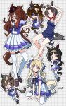 6+girls ahoge animal_ears arm_up armpits bare_shoulders black_hair blonde_hair blue_eyes blue_one-piece_swimsuit blush bow bowtie braid breasts brown_eyes brown_hair brown_hairband closed_mouth collarbone commentary_request competition_school_swimsuit ear_covers ears_through_headwear epiphaneia_(umamusume) forever_young_(umamusume) gradient_hair green_eyes hair_between_eyes hair_ornament hair_over_one_eye hairband hairclip hat highres horse_ears horse_girl horse_tail logotype_(umamusume) long_hair looking_at_viewer medium_breasts multicolored_hair multiple_girls one-piece_swimsuit open_mouth pleated_skirt puffy_short_sleeves puffy_sleeves purple_bow purple_bowtie purple_shirt red-tinted_eyewear red_hair rose_kingdom_(umamusume) rulership_(umamusume) sailor_collar sailor_shirt saramiao-chan school_swimsuit school_uniform shirt short_hair short_sleeves simple_background single_ear_cover single_vertical_stripe sitting skirt small_breasts smile standing standing_on_one_leg streaked_hair sunglasses swimsuit tail thighhighs tinted_eyewear tracen_school_uniform tracen_swimsuit two-tone_hair umamusume victoire_pisa_(umamusume) wariza white_sailor_collar white_skirt white_thighhighs 