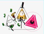  3others barracuda_boss_(just_shapes_&amp;_beats) bill_cipher black_bow black_bowtie black_hat bow bowtie commentary crossover eye_of_providence gravity_falls green_eyes gun hat just_shapes_&amp;_beats money multiple_others no_humans nuclear_throne pibaco pink_eyes revolver simple_background triangle untranslatable_commentary weapon yellow_eyes yung_venuz 