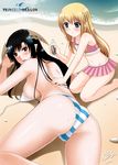  ass beach bikini black_hair blonde_hair blue_eyes bottle breasts from_behind head_wings horns large_breasts long_hair looking_back lotion multiple_girls navel open_mouth original pointy_ears red_eyes sideboob sunscreen sweat swimsuit thighs underboob untied xtermination 