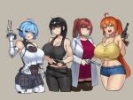  4girls absurdres ahoge black_hair black_leotard black_sclera black_shorts black_tank_top blue_eyes blue_hair blue_shorts breasts brown_background chance8000 cleavage closed_mouth coat colored_sclera commentary_request commission cropped_legs cyborg desert_eagle double-parted_bangs dress green_eyes gun hair_between_eyes handgun heterochromia highres holding holding_gun holding_weapon huge_breasts lab_coat large_breasts leotard long_hair looking_at_viewer mechanical_arms midriff mp-412_rex multiple_girls navel open_mouth orange_hair original pink_eyes ponytail red_dress red_eyes red_hair shirt short_hair short_shorts shorts simple_background smile smith_&amp;_wesson_model_27 tank_top weapon white_coat white_shirt yellow_eyes yellow_tank_top 